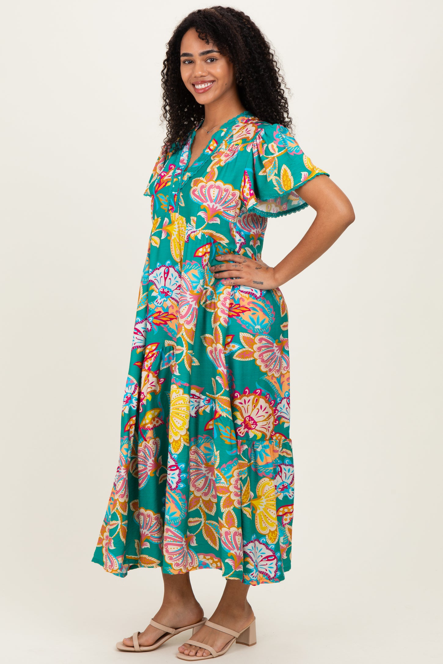 Emerald Boho Print Lace Trim Tiered Midi Dress
