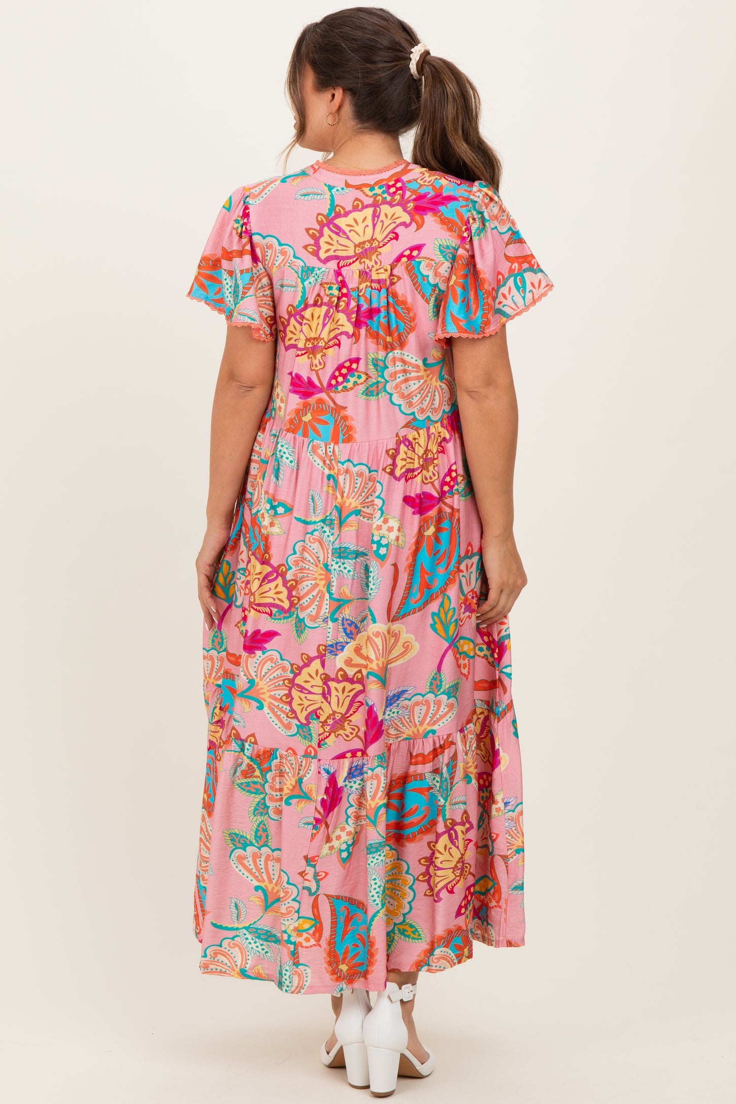 Pink Boho Print Lace Trim Tiered Maternity Midi Dress