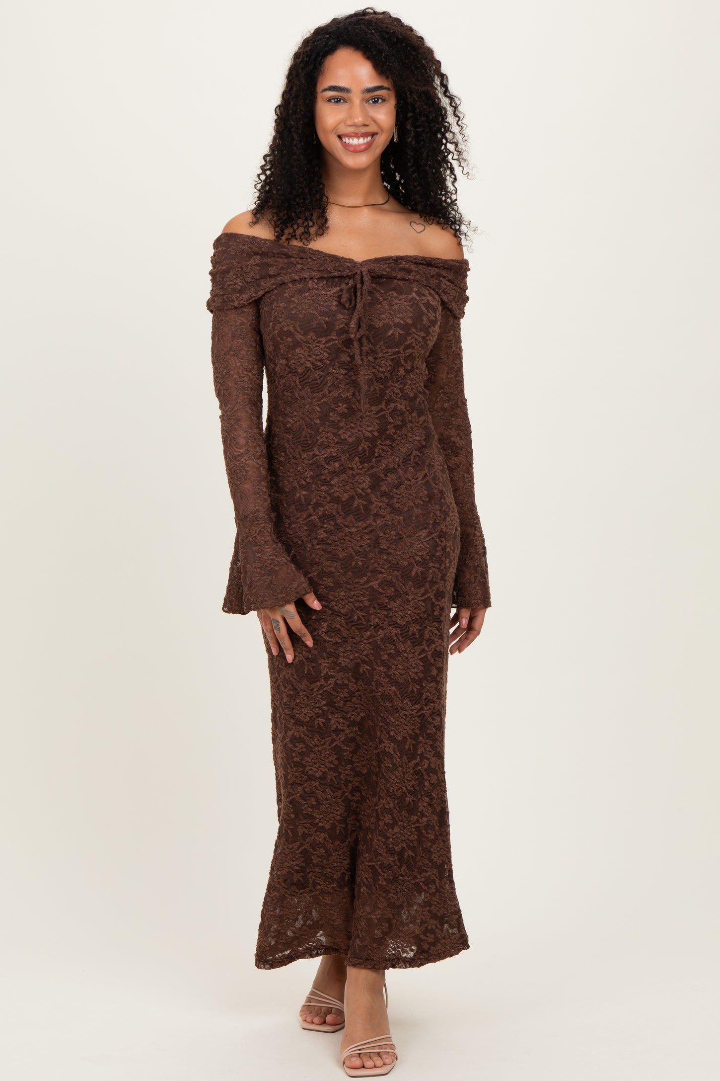 Chocolate Lace Off Shoulder Maxi Dress