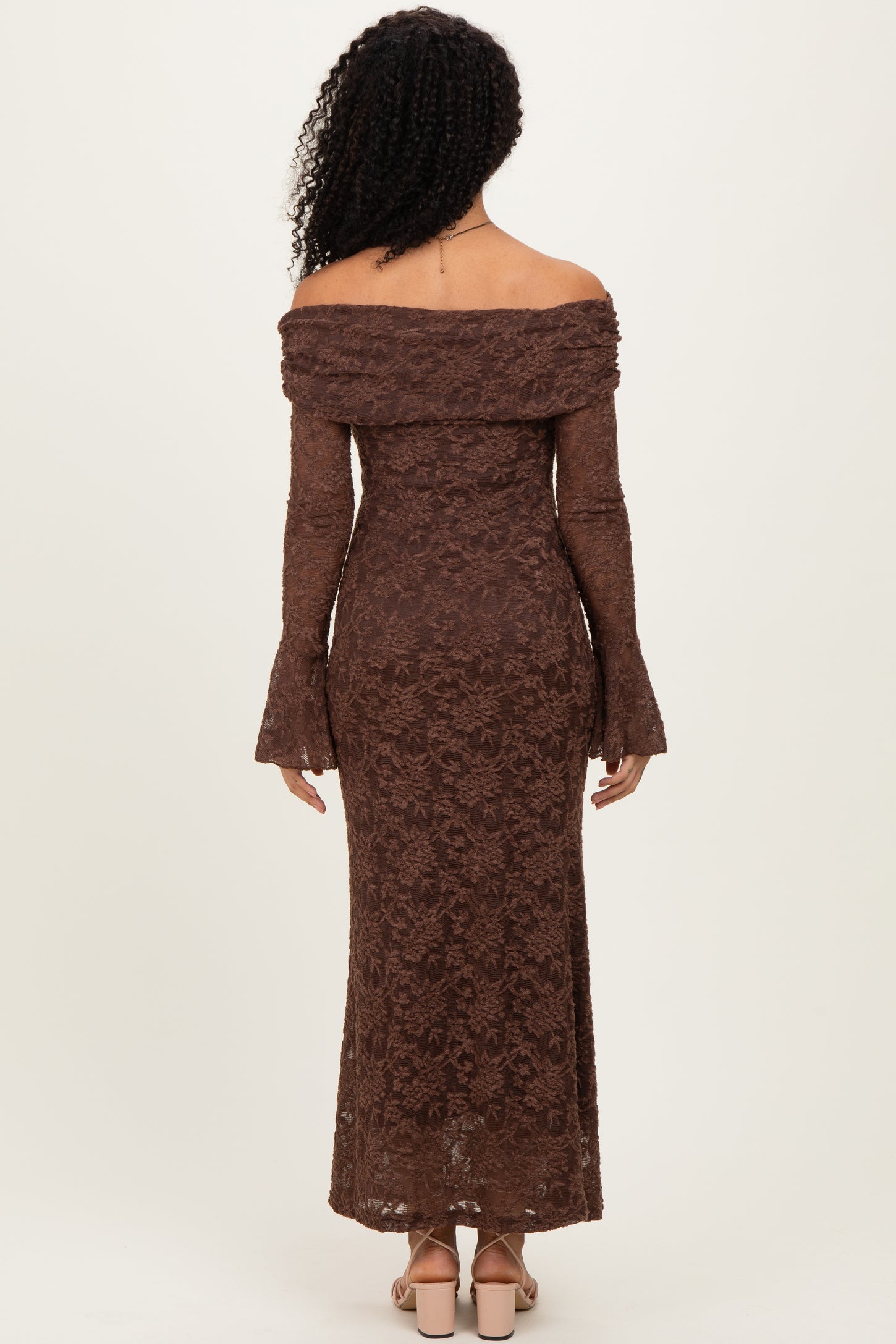 Chocolate Lace Off Shoulder Maxi Dress