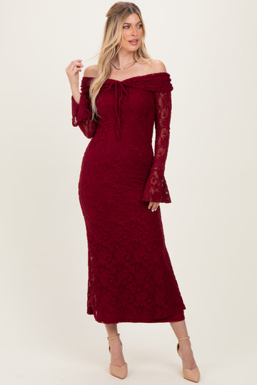 Burgundy Lace Off Shoulder Maxi Dress