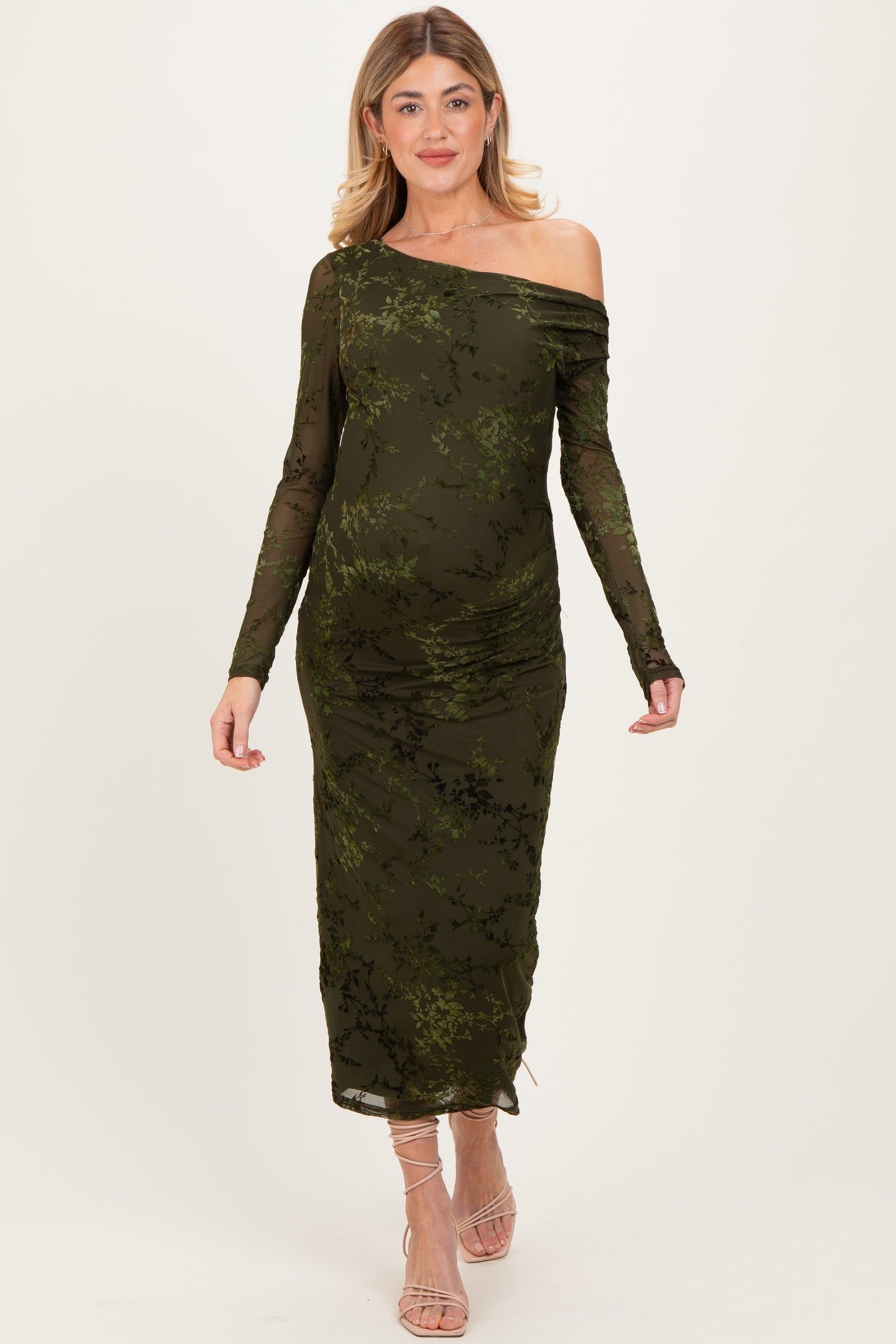 Olive Floral Mesh Overlay One Shoulder Maternity Dress