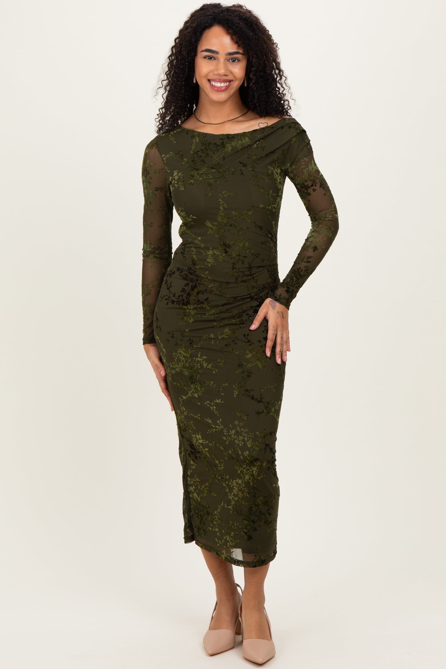 Olive Floral Mesh Overlay One Shoulder Maternity Dress