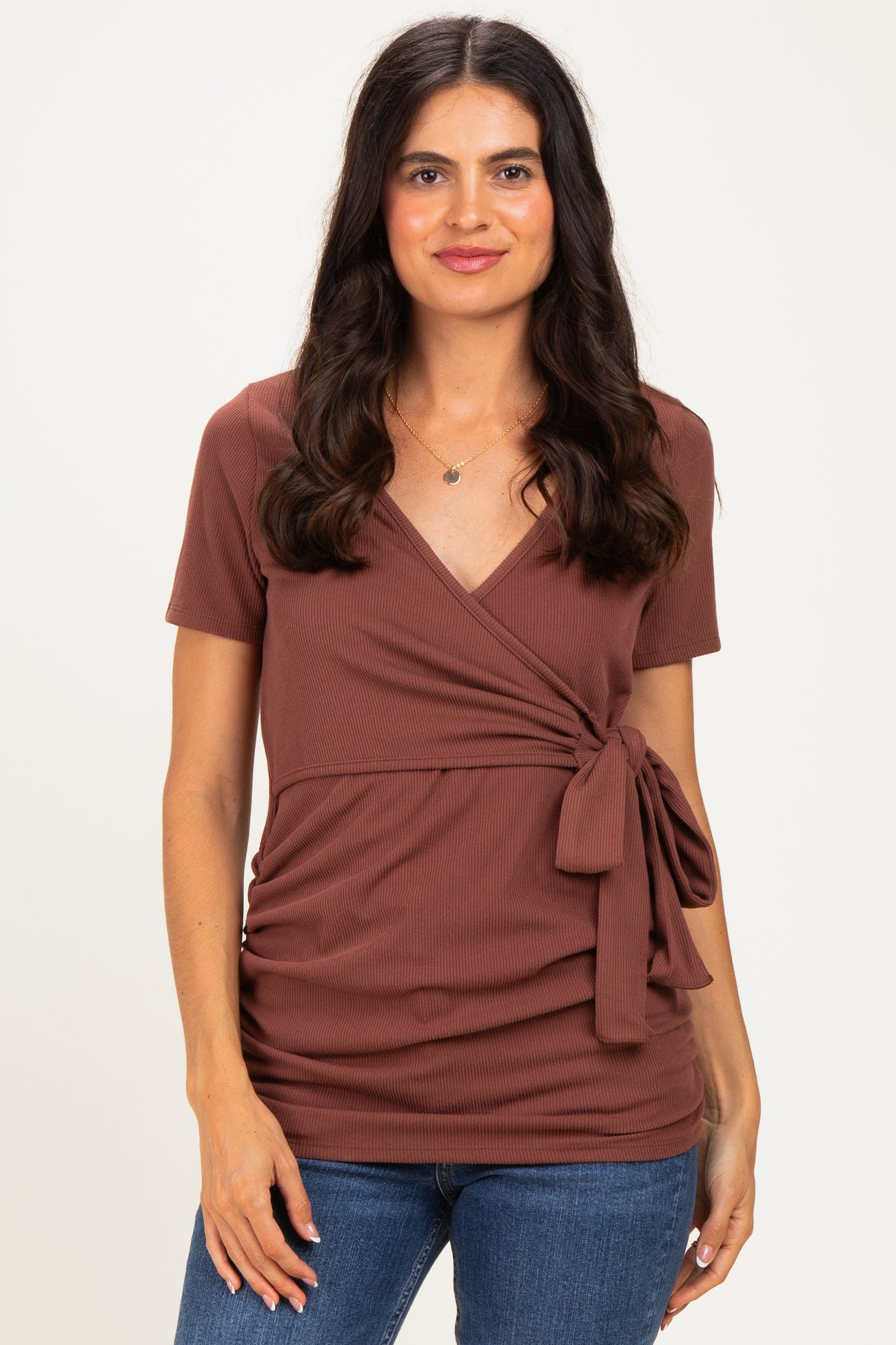 Brown Wrap Front Tie Maternity/Nursing Top