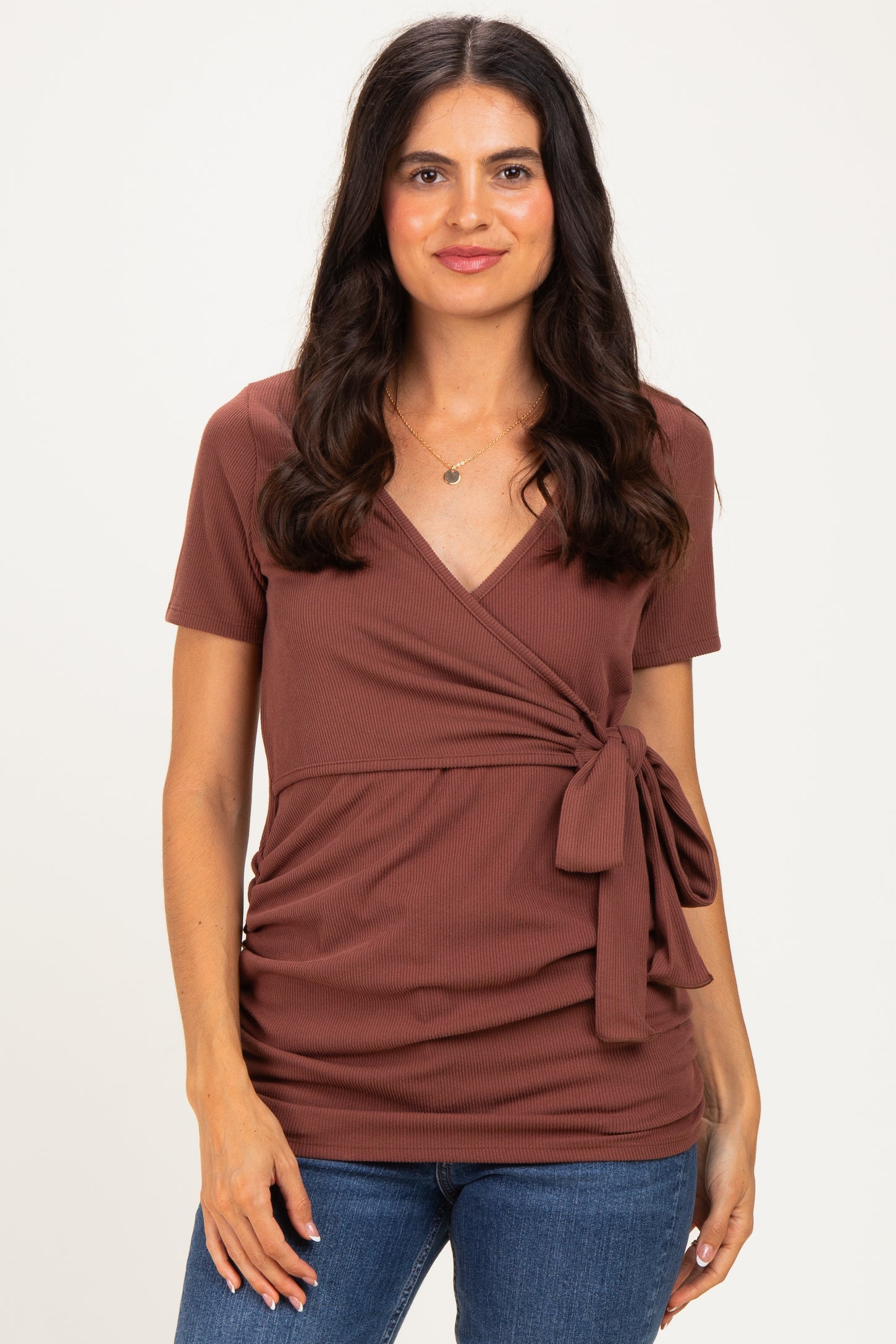 Brown Wrap Front Tie Maternity/Nursing Top