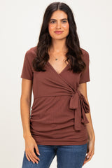 Brown Wrap Front Tie Maternity/Nursing Top