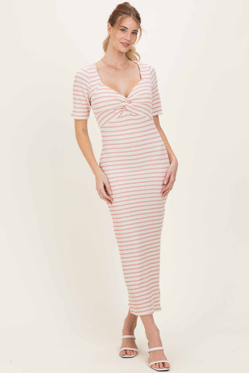 Cream/ Pink Striped Knit Short Sleeve Maxi Dress