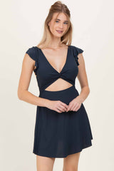 Navy Ribbed Ruffle Twist Front Swim Dress