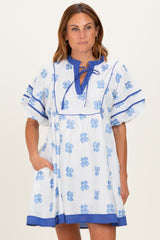White/ Blue Floral Short Puff Sleeve Front Tie Dress