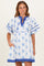 White/ Blue Floral Short Puff Sleeve Front Tie Dress