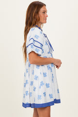 White/ Blue Floral Short Puff Sleeve Front Tie Dress