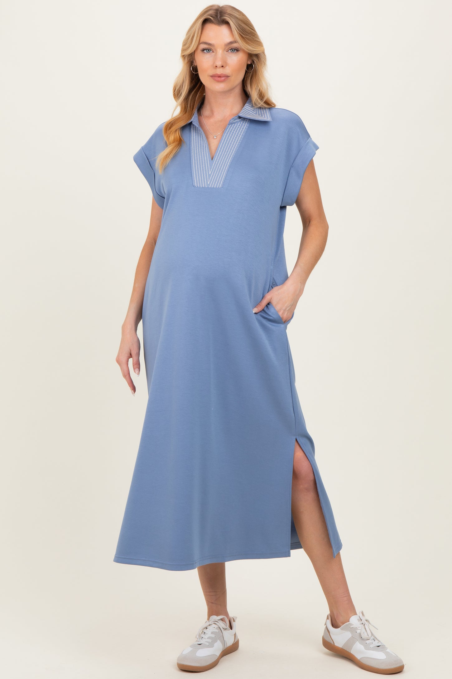 Blue Striped Collared Side Slit Maternity Midi Dress