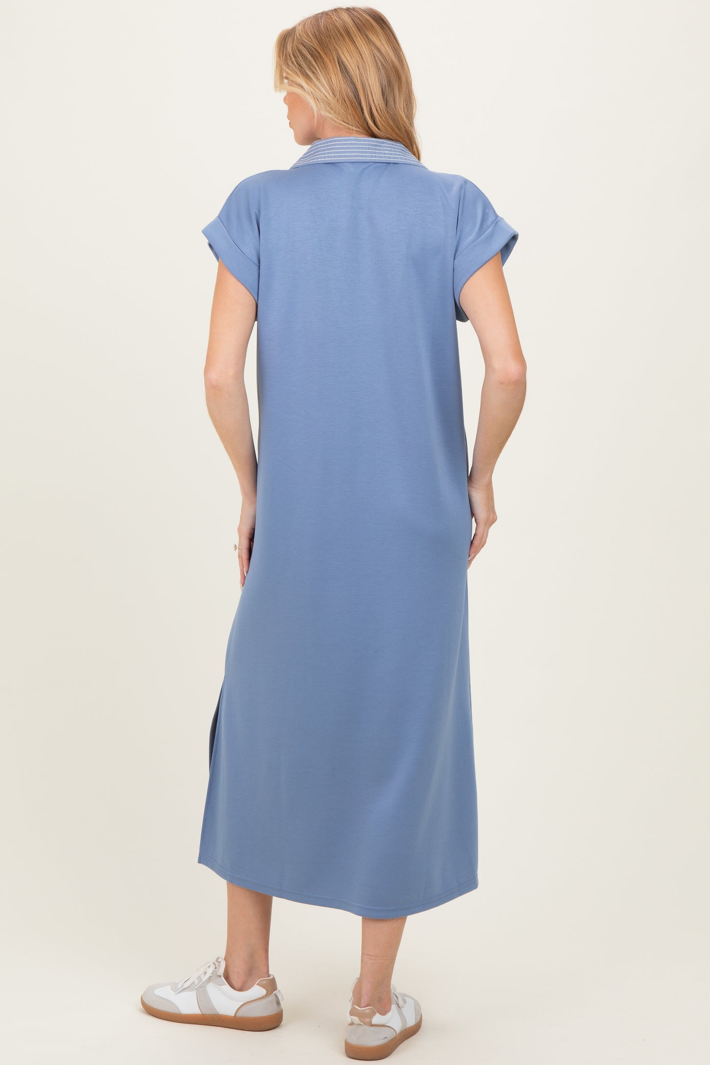 Blue Striped Collared Side Slit Maternity Midi Dress