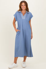 Blue Striped Collared Side Slit Midi Dress