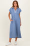 Blue Striped Collared Side Slit Midi Dress