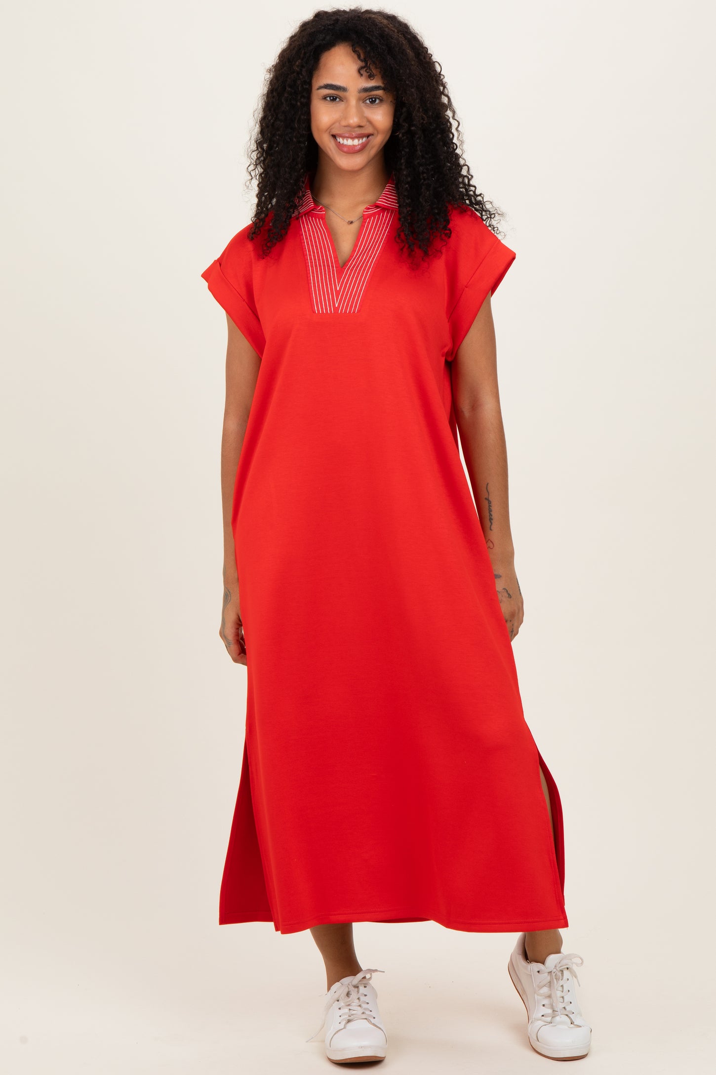 Red Striped Collared Side Slit Maternity Midi Dress