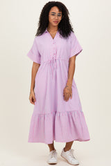 Pink Striped Button Collared Maternity Midi Dress