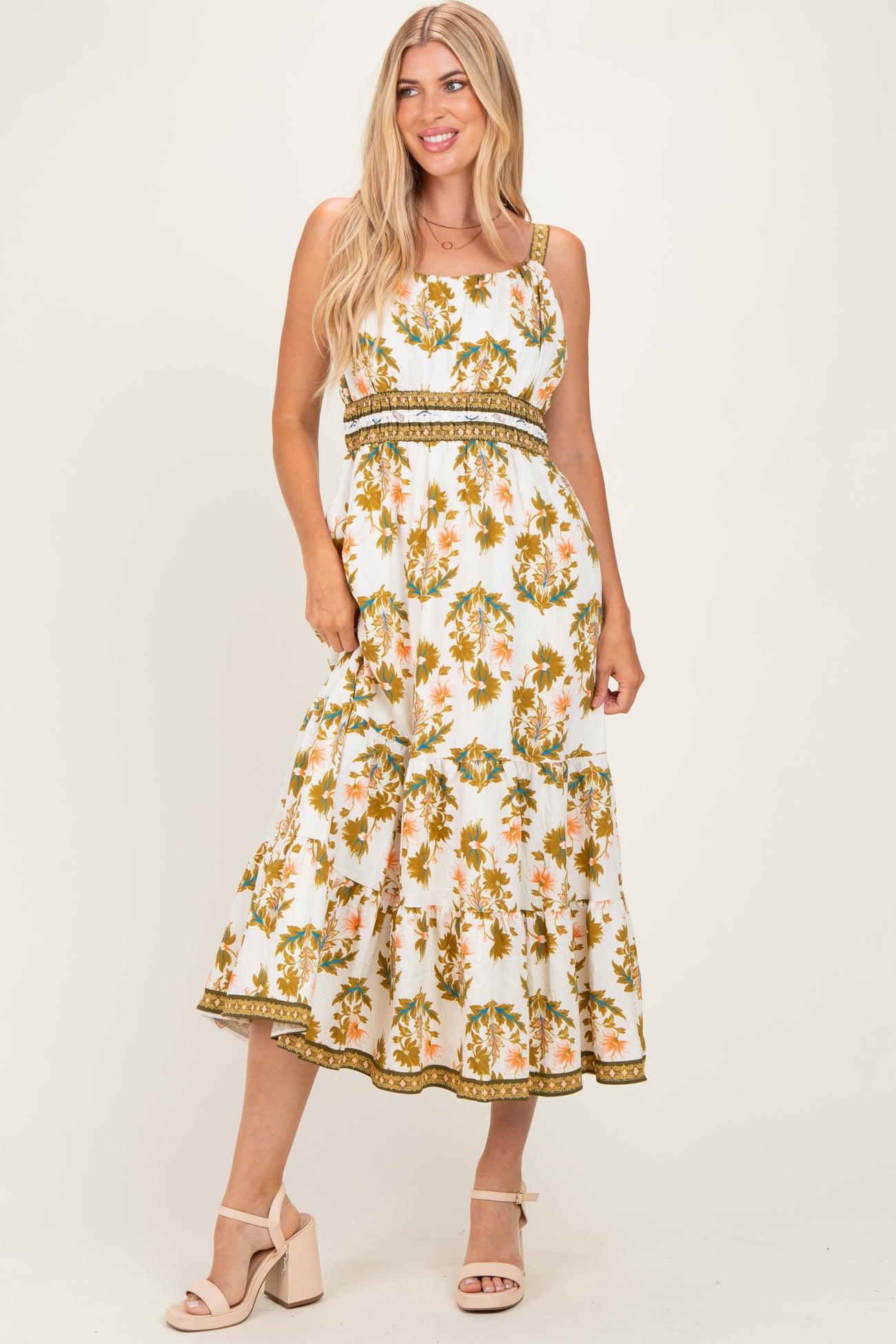 Olive Floral Sleeveless Tiered Maternity Maxi Dress