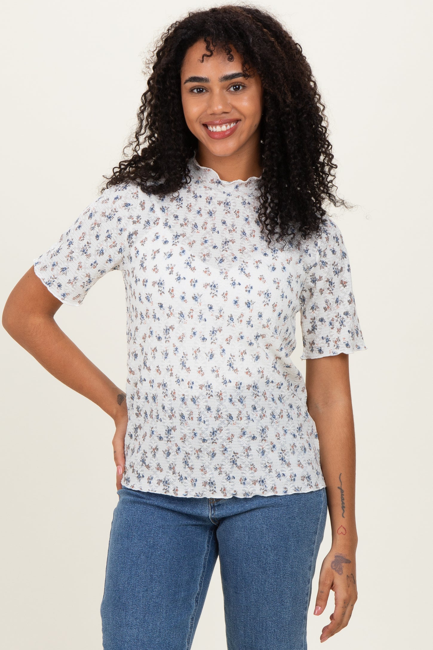 Ivory Floral Ruffle Trim Short Sleeve Maternity Top
