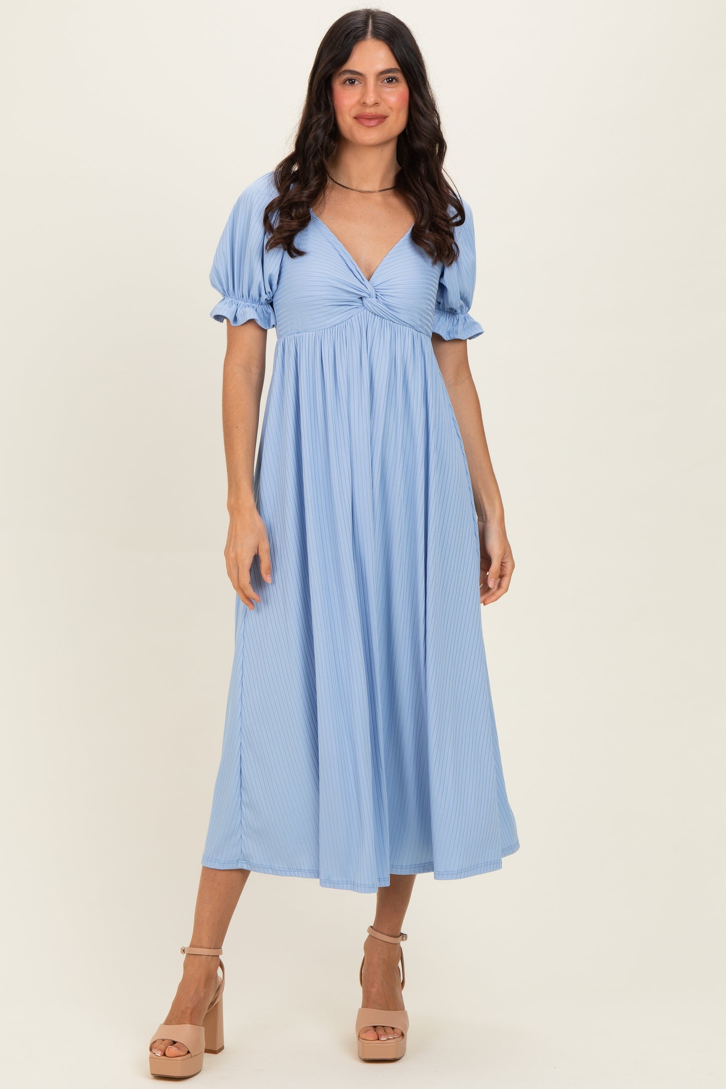 Light Blue Ribbed Short Sleeve Empire Waist V-Neck Maxi Dress