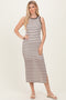 Cream/Mocha Striped Contrast Ribbed Knit Sleeveless Maxi Dress
