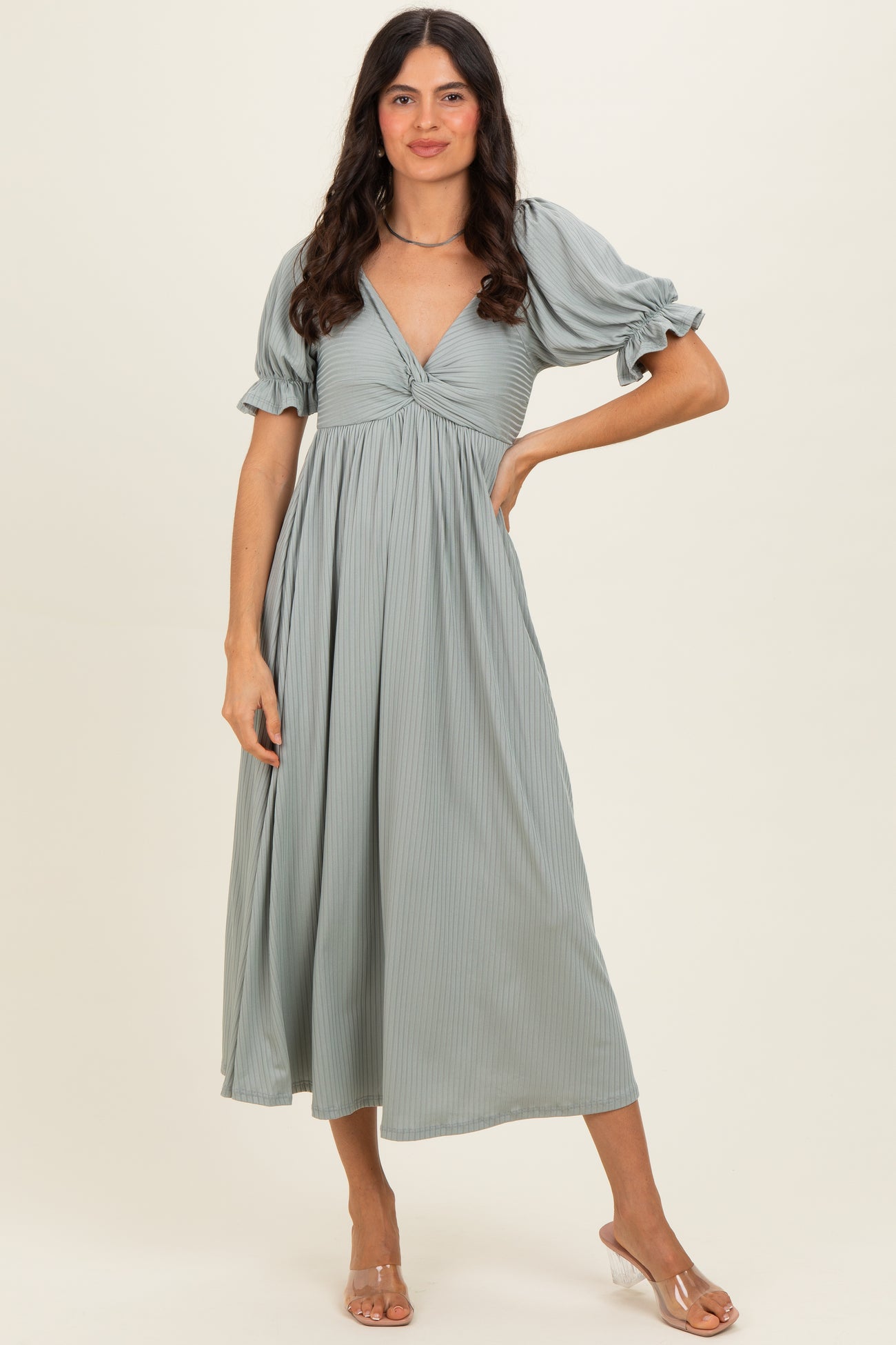 Green Ribbed Short Sleeve Empire Waist V-Neck Maternity Maxi Dress