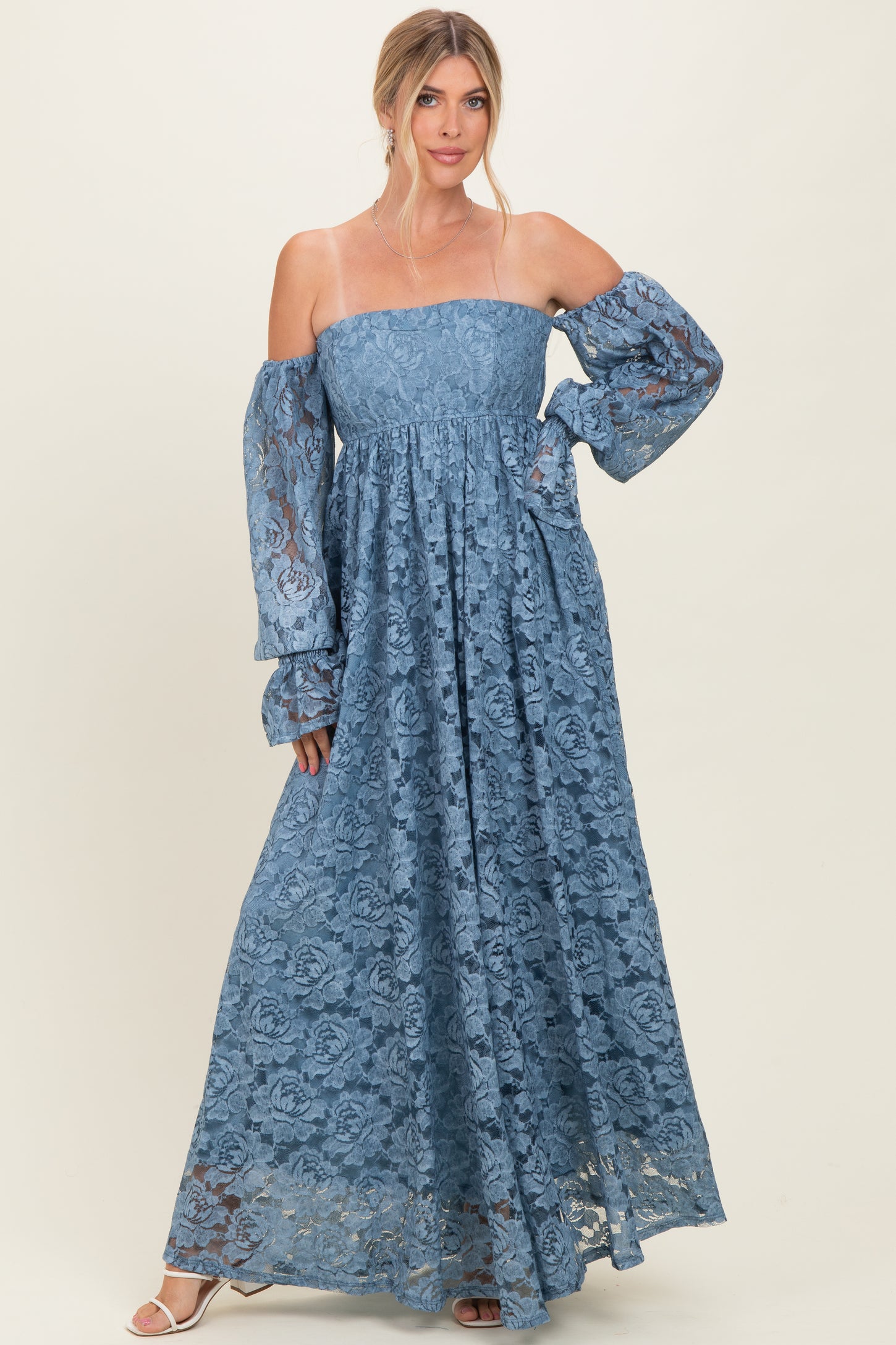 Blue Lace Off Shoulder Long Sleeve Maternity Maxi Dress