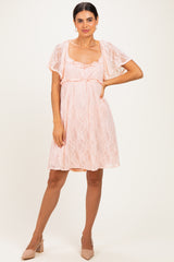 Peach Floral Lace Square Neck Ruffle Trim Maternity Maxi Dress