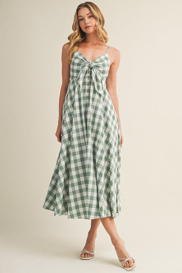 Basil Gingham Tie Front Racerback Midi Dress