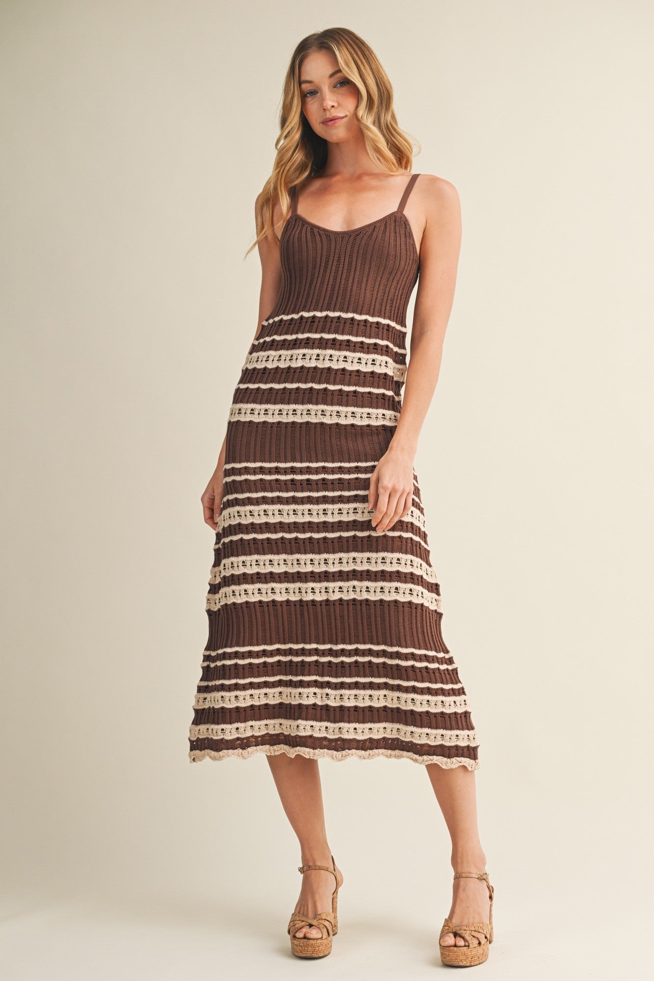Chocolate Sleeveless Striped Crochet Maternity Dress