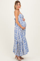 Blue Printed Cutout Tie Back Maternity Maxi Dress