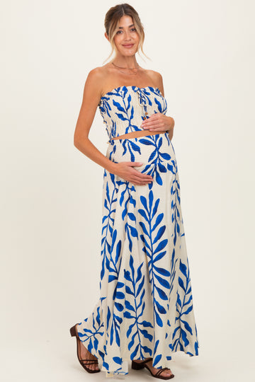 Royal Blue Leaf Print Smocked Crop Top Maxi Skirt Maternity Set