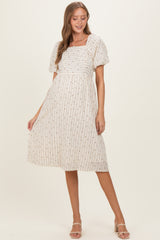 Beige Square Neck Striped Maternity Dress