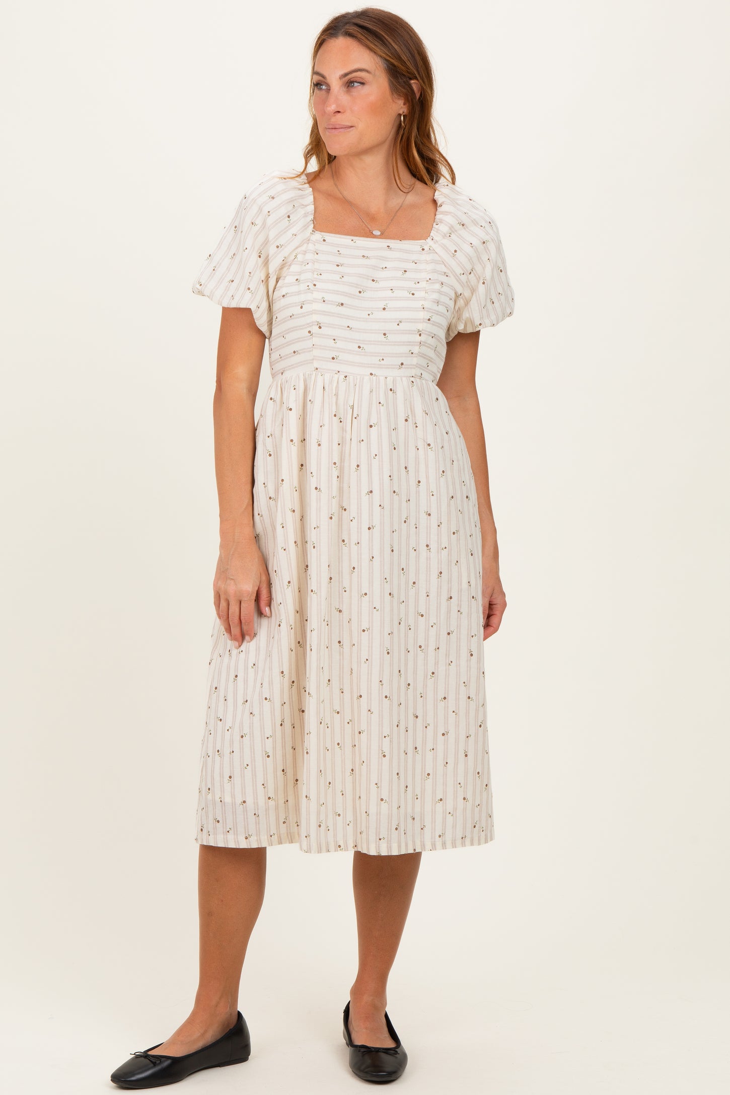 Beige Square Neck Striped Maternity Dress
