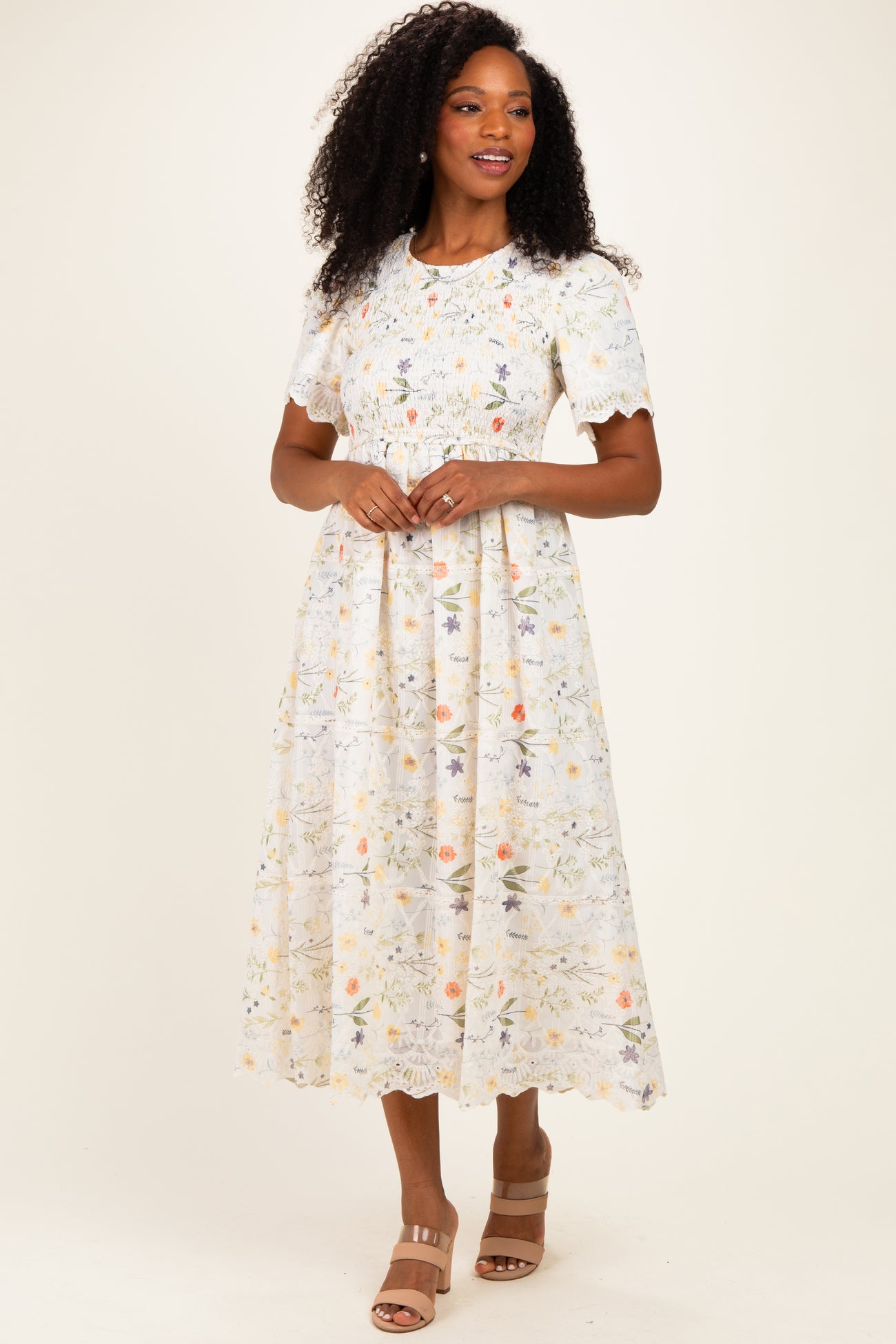 Beige Floral Button Down Collared Maternity Midi Dress