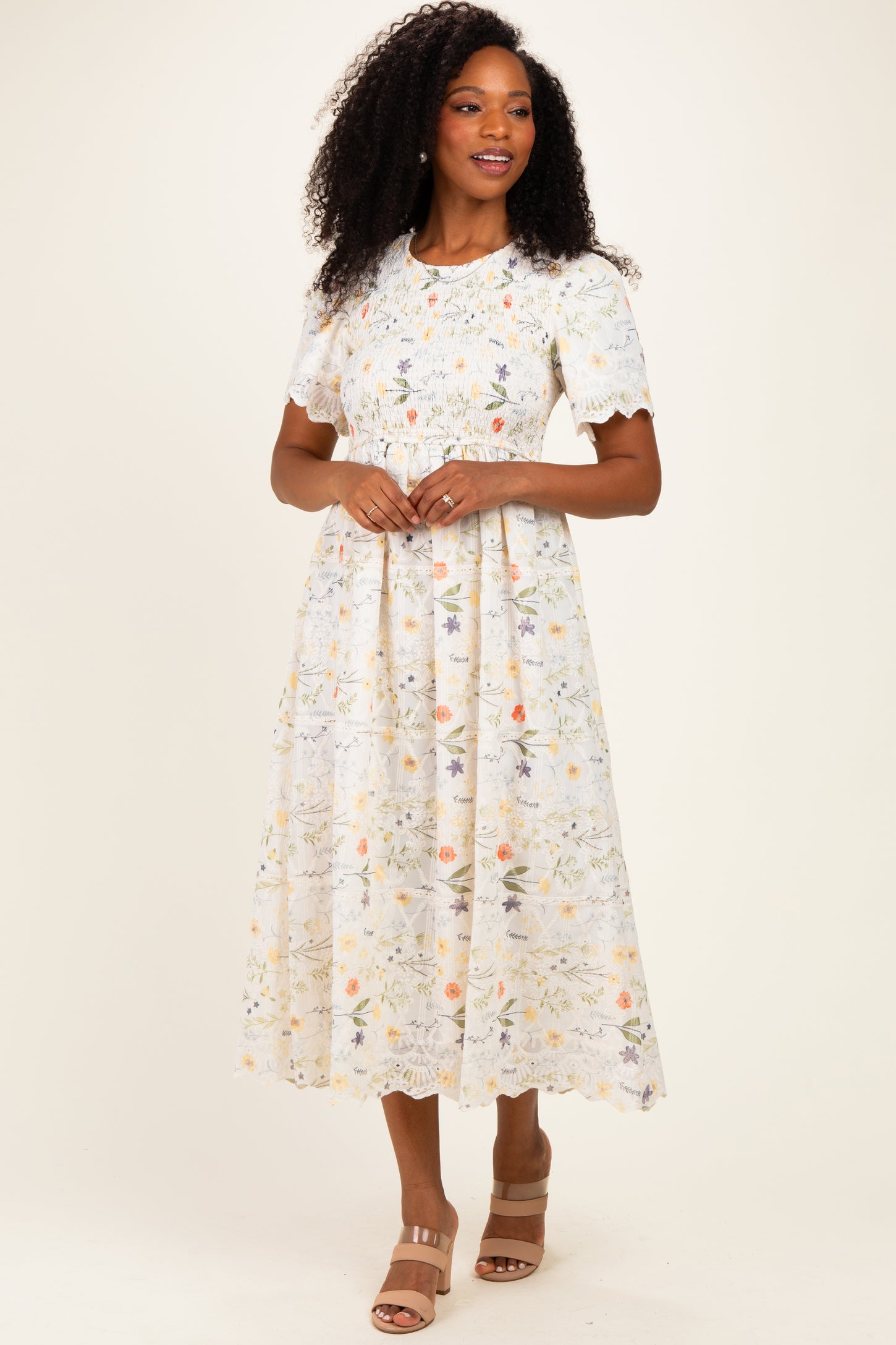 Beige Floral Button Down Collared Maternity Midi Dress