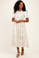 Beige Floral Button Down Collared Maternity Midi Dress