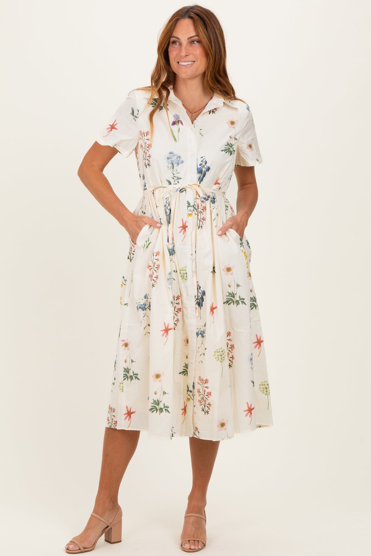 Ivory Floral Button Down Maternity Midi Dress