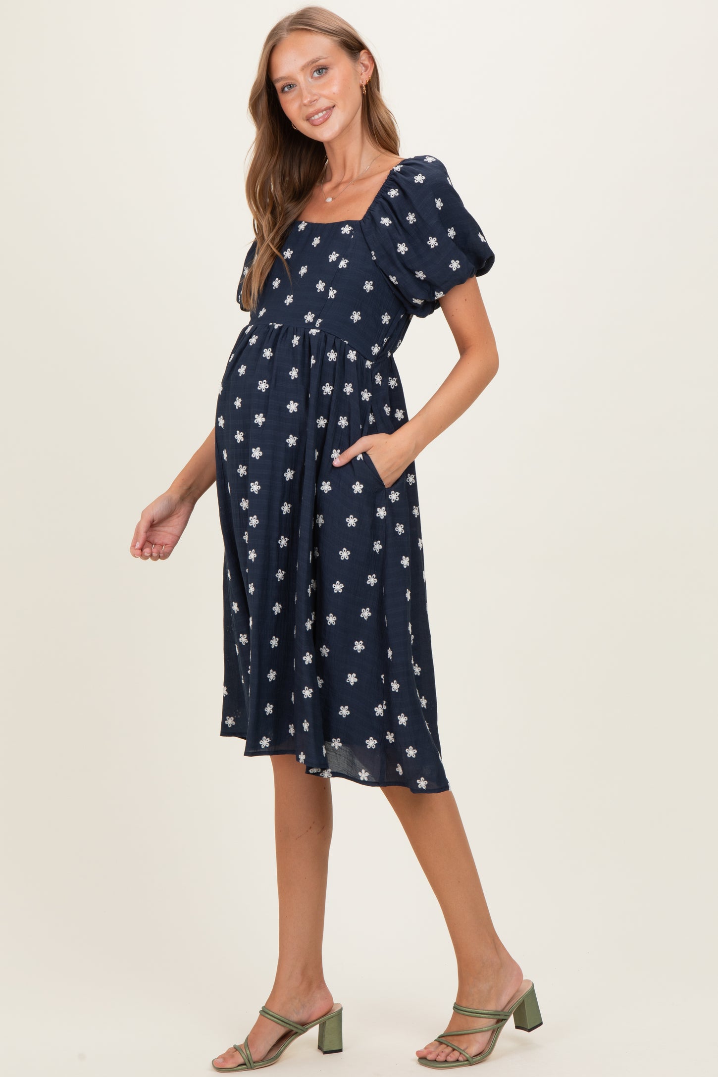 Navy Blue Floral Embroidered Short Sleeve Maternity Dress