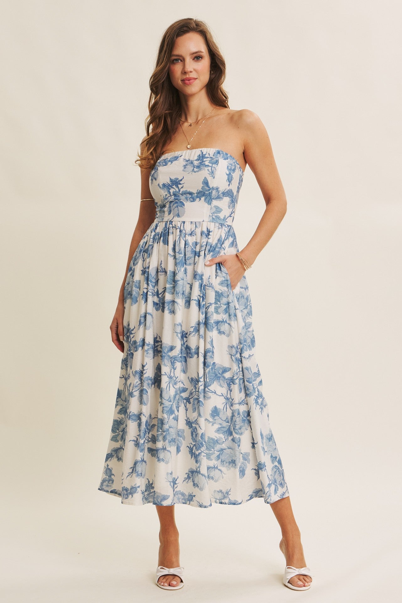 Blue Floral Strapless Maternity Midi Dress