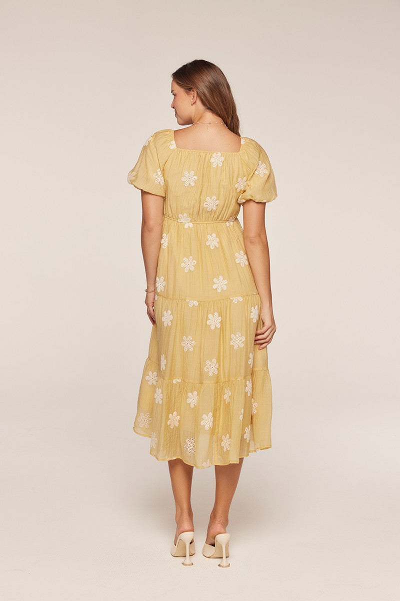 Saffron Yellow Embroidered Floral Tiered Midi Dress
