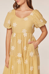 Saffron Yellow Embroidered Floral Tiered Midi Dress
