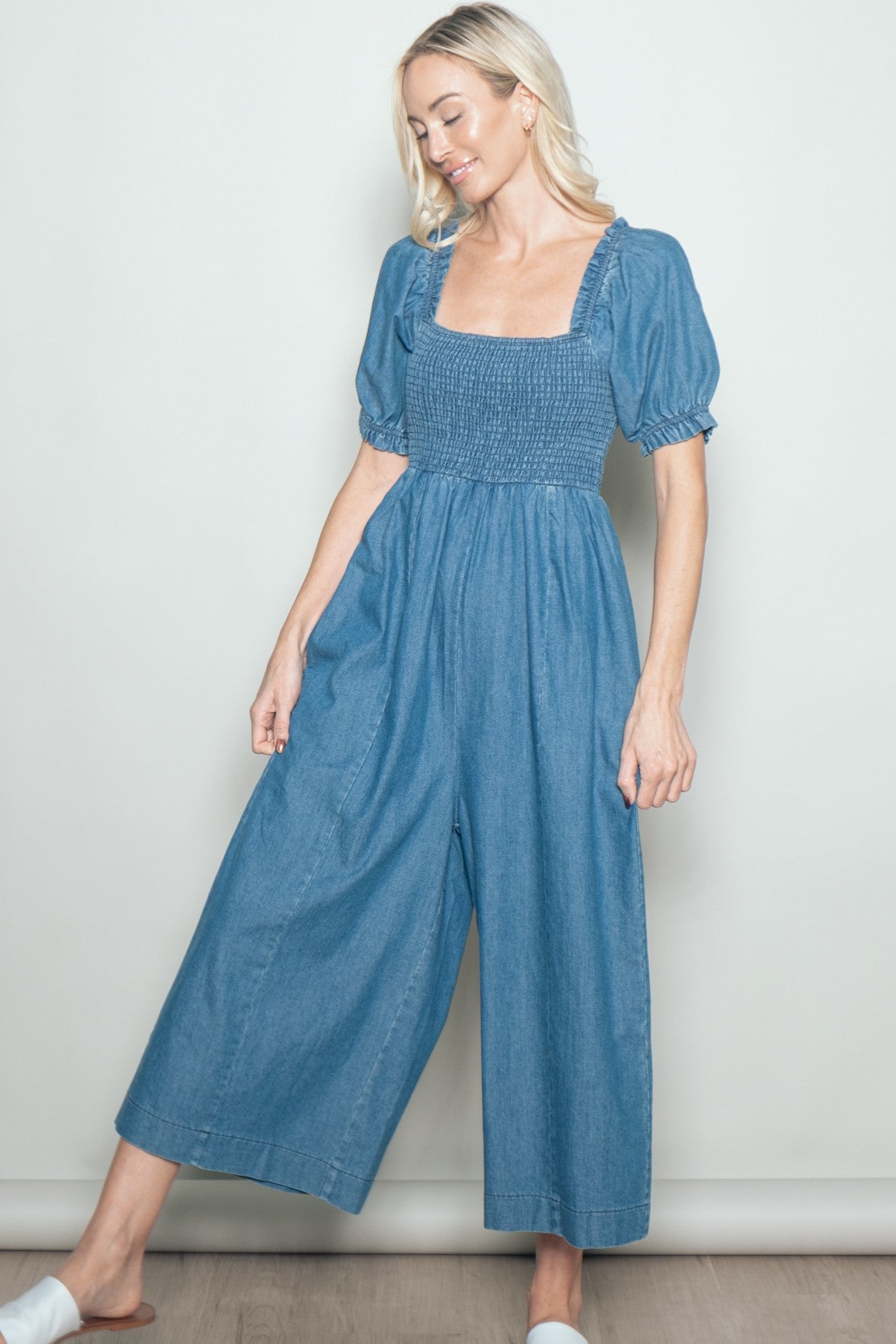 Denim Chambray Puff Sleeve Wide Leg Maternity Jumpsuit