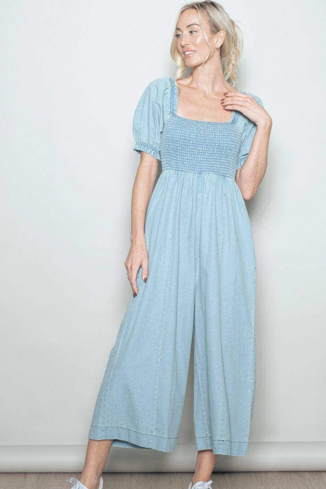 Light Blue Chambray Puff Sleeve Wide Leg Jumpsuit