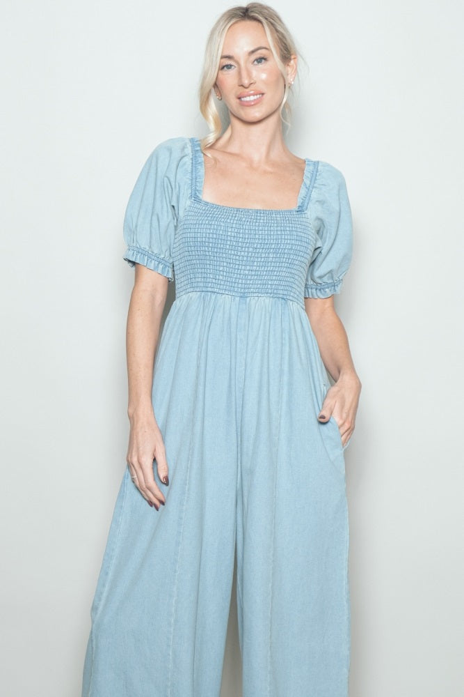 Light Blue Chambray Puff Sleeve Wide Leg Jumpsuit