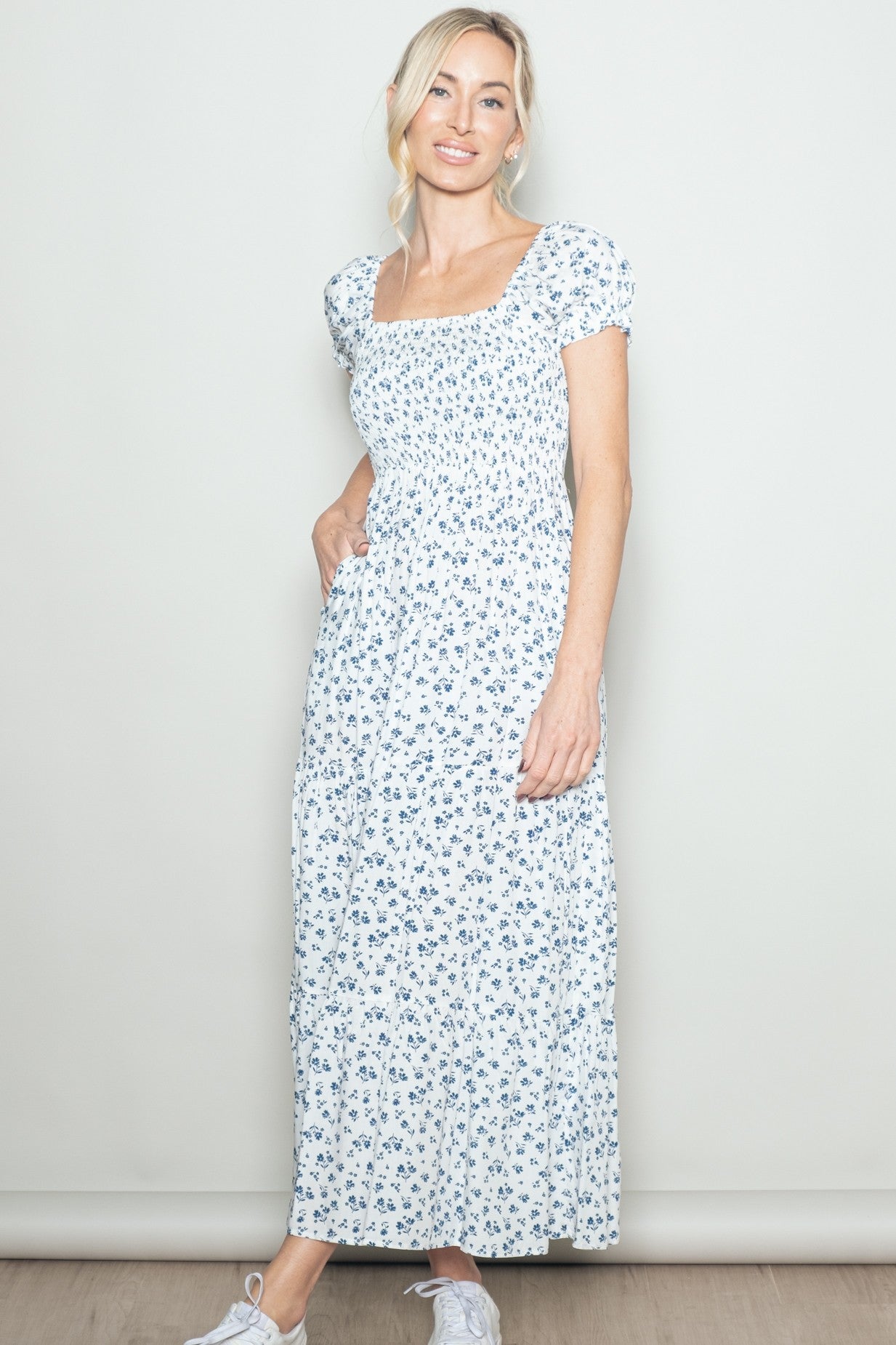 White Floral Smocked Puff Sleeve Maxi Dress