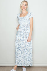 White Floral Smocked Puff Sleeve Maxi Dress