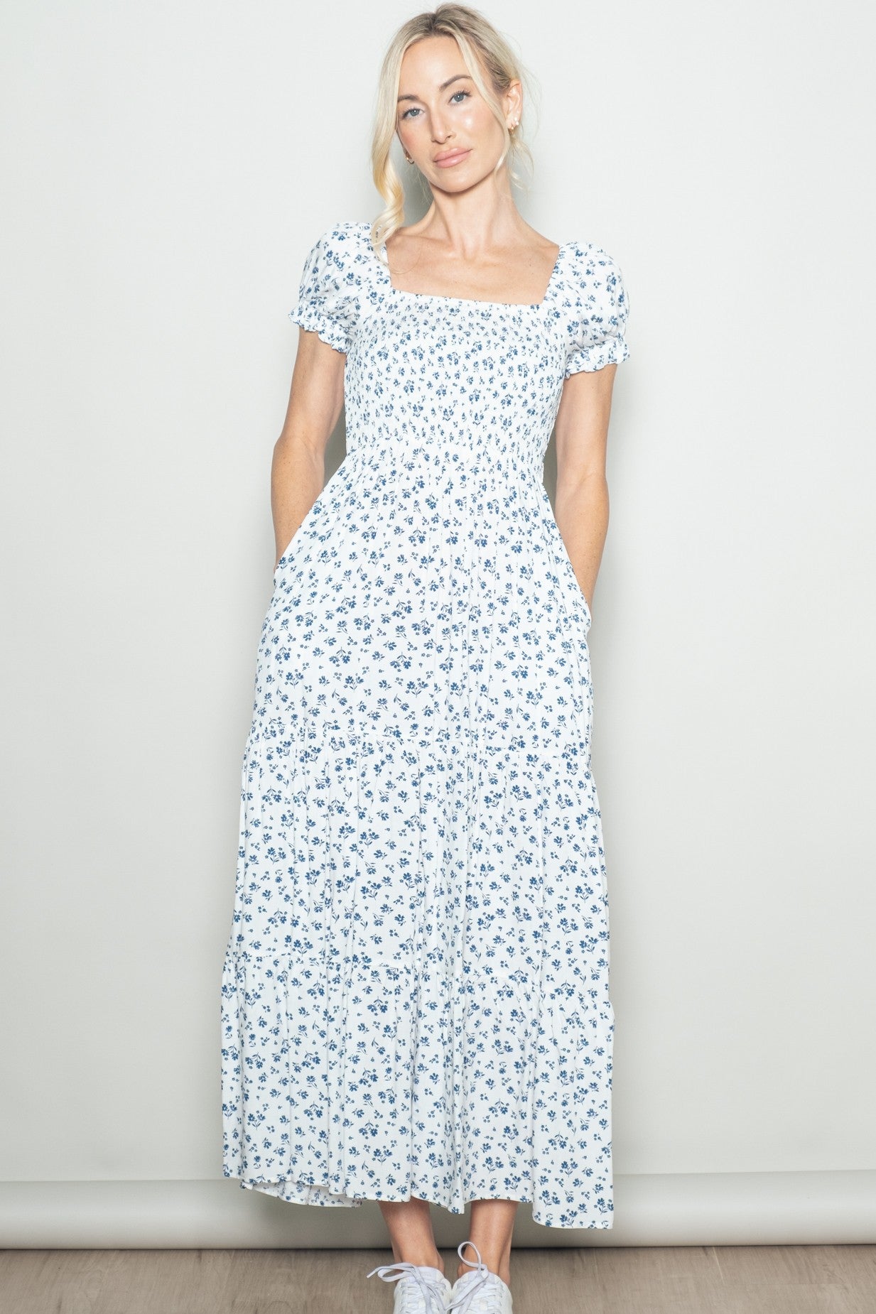 White Floral Smocked Puff Sleeve Maxi Dress