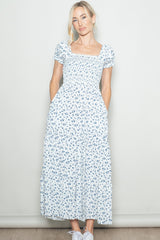 White Floral Smocked Puff Sleeve Maxi Dress