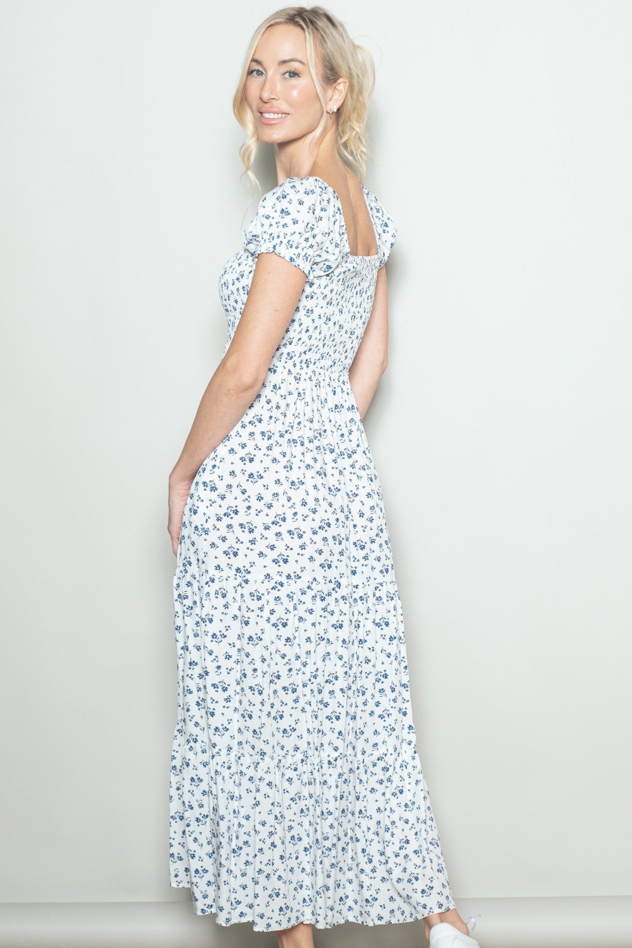 White Floral Smocked Puff Sleeve Maxi Dress
